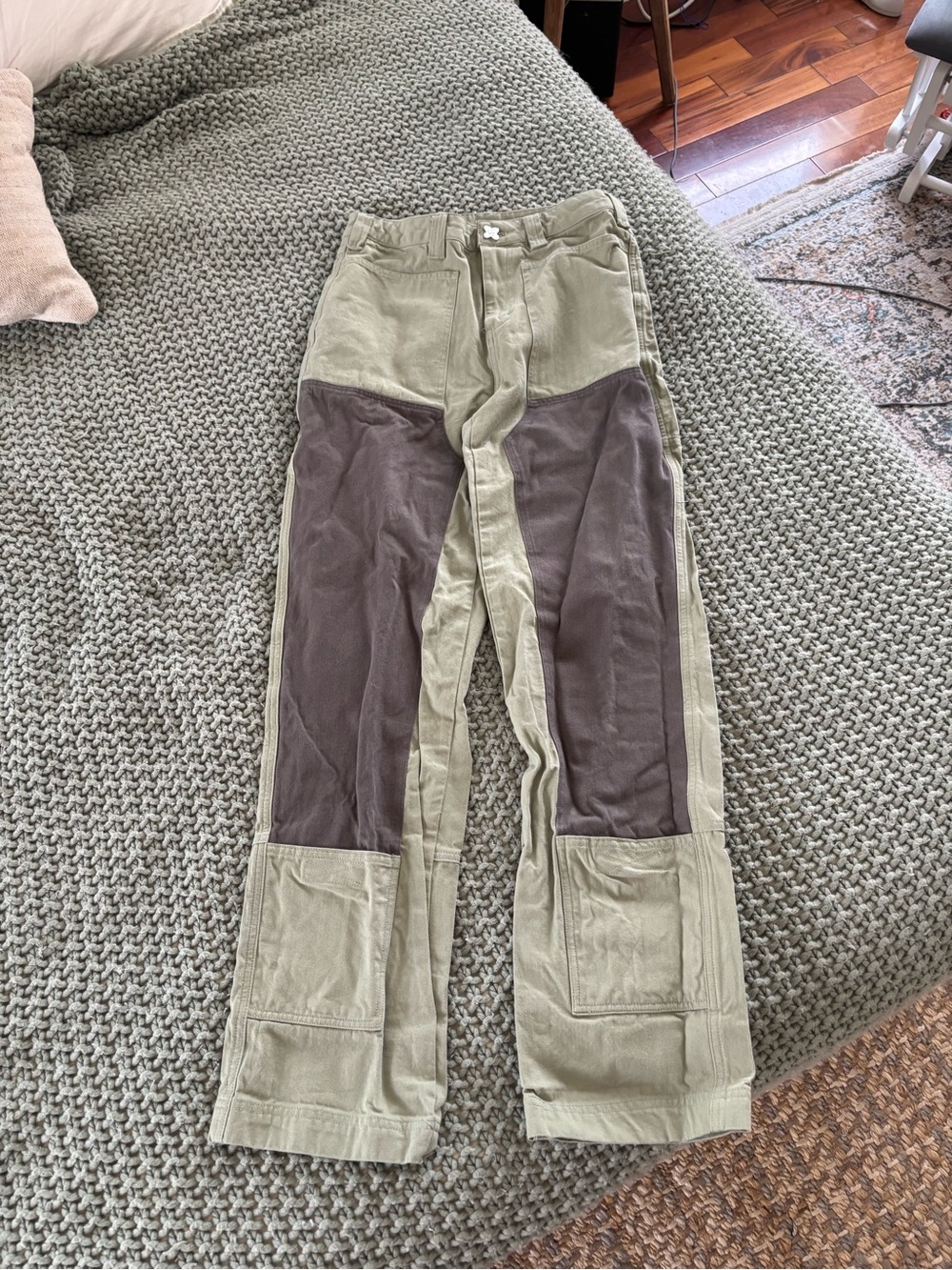 liquid lagoon two-toned colorblock double knee utility pants